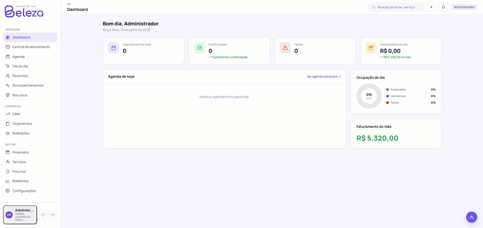 Dashboard do sistema EncontreSuaBeleza